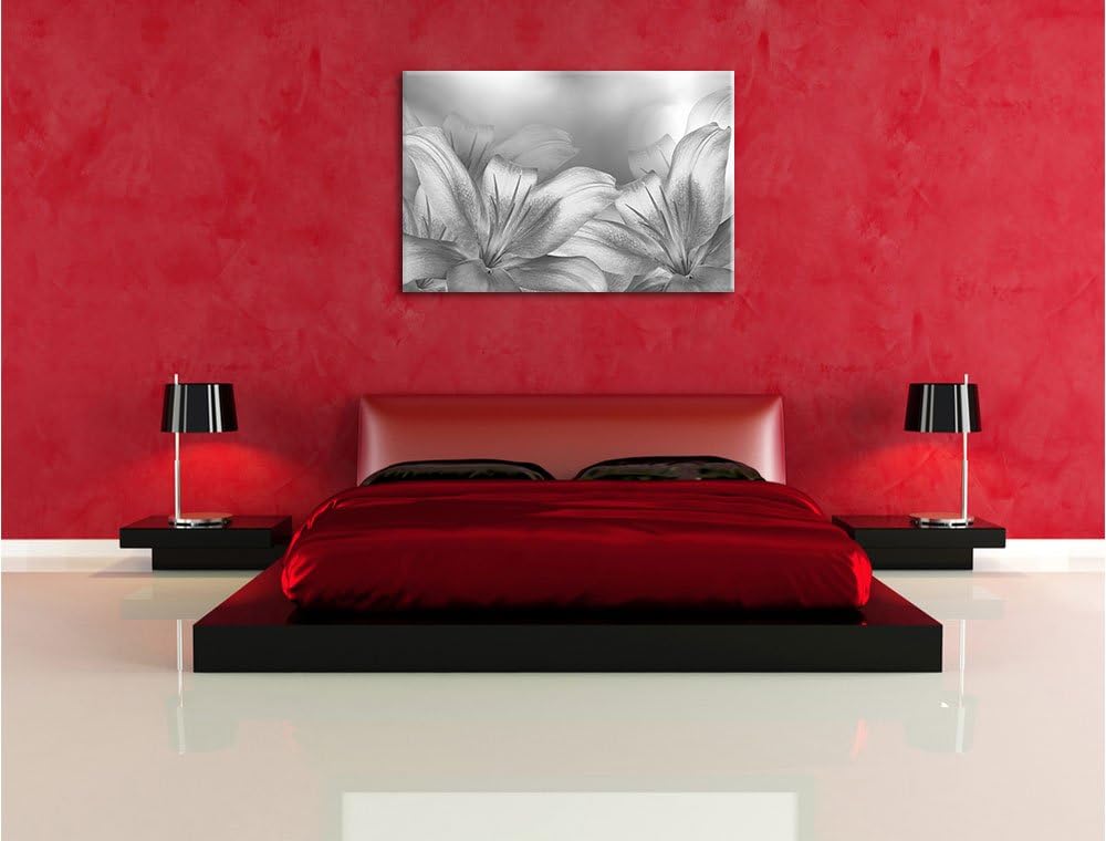 türkise Lilien Kunst B&W, Format: 100x70 auf Leinwand, XXL riesige Bilder fertig gerahmt mit Keilrah