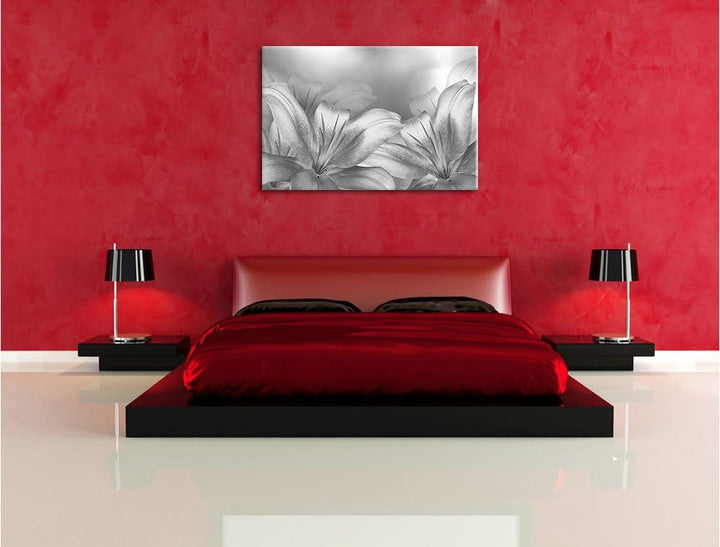 türkise Lilien Kunst B&W, Format: 100x70 auf Leinwand, XXL riesige Bilder fertig gerahmt mit Keilrah