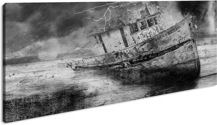 Stürmische Schiffsfahrt Panorama 80x40 cm Effekt: Schwarz/Weiss als Leinwandbild, Motiv fertig gerah