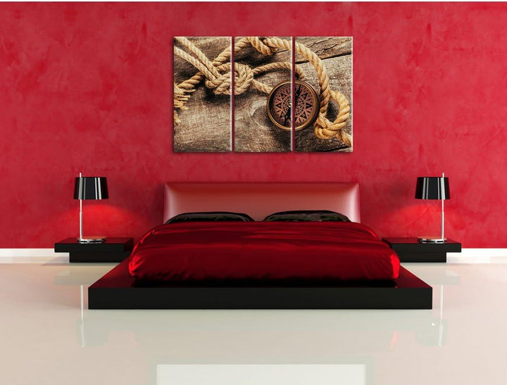 Pixxprint Schiffseil und Kompass auf Holzuntergrund 3-Teiler Leinwandbild 120x80 Bild auf Leinwand