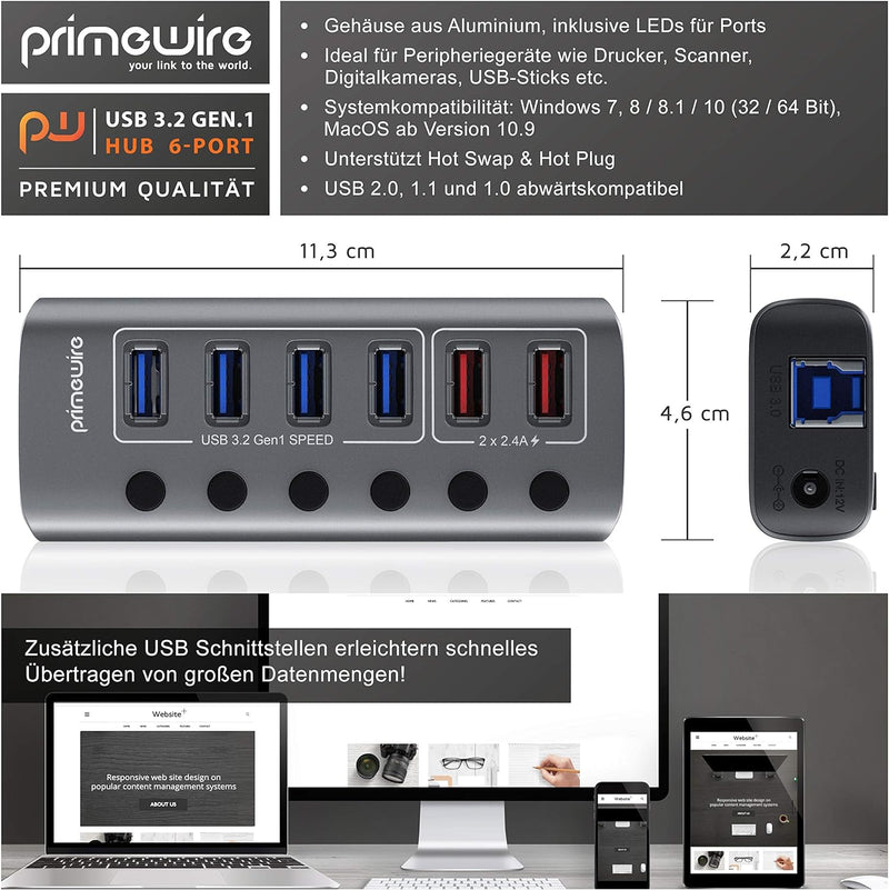 CSL - USB 3.2 Gen.1 6 Port Hub aktiv schaltbar – mit Netzteil - 4 x USB 3.2 Gen1, 2X USB 3.0 mit sma