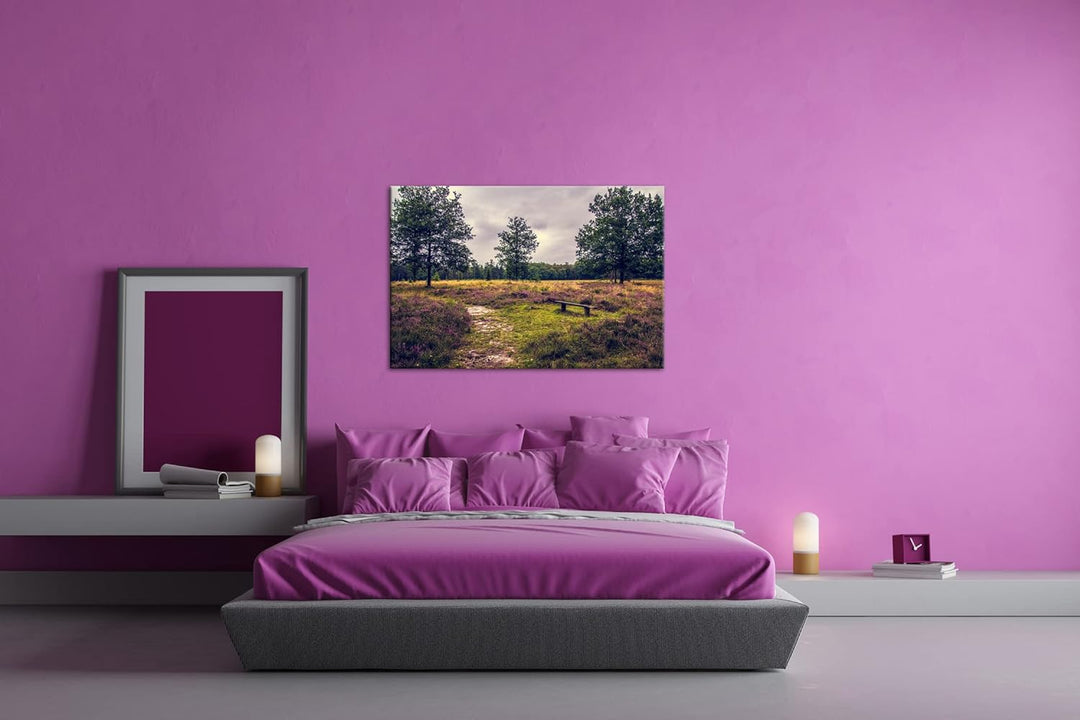 deyoli einsame Bank im Wald Format: 80x60 als Leinwand, Motiv fertig gerahmt auf Echtholzrahmen, Hoc
