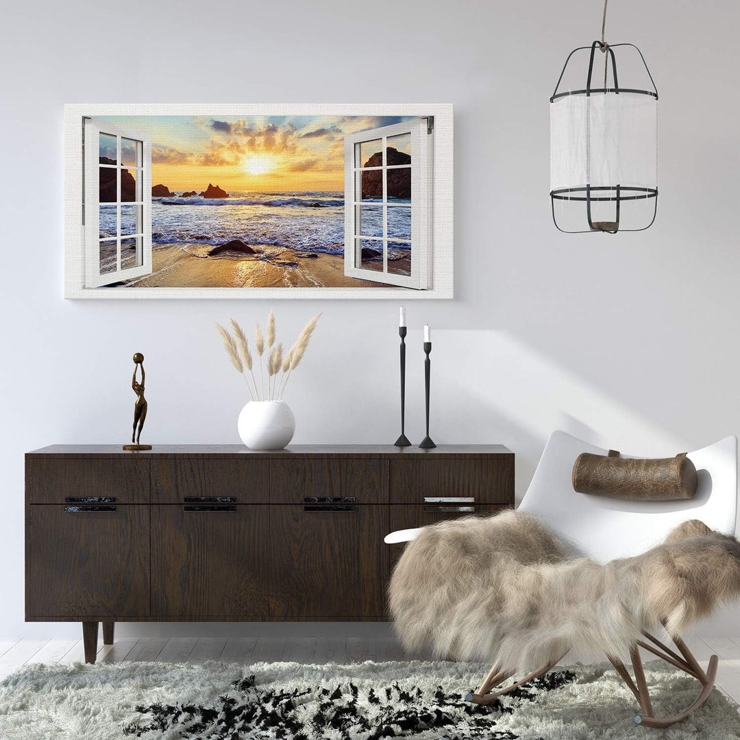 PICANOVA – Bild auf Leinwand Felsiger Strand Sonnenuntergang Fenster 100x50cm – Leinwandbild – Premi