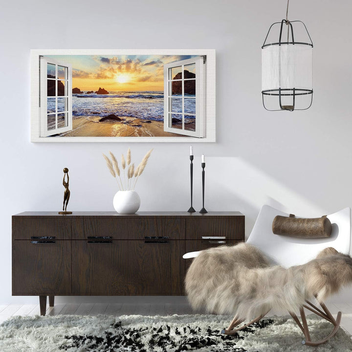 PICANOVA – Bild auf Leinwand Felsiger Strand Sonnenuntergang Fenster 100x50cm – Leinwandbild – Premi