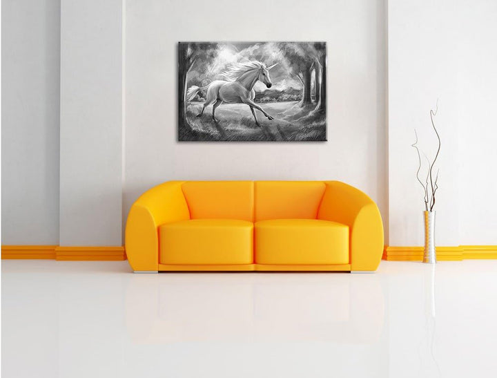 Pixxprint Einhorn im Wald B&W / 100x70cm Leinwandbild bespannt auf Holzrahmen/Wandbild Kunstdruck De