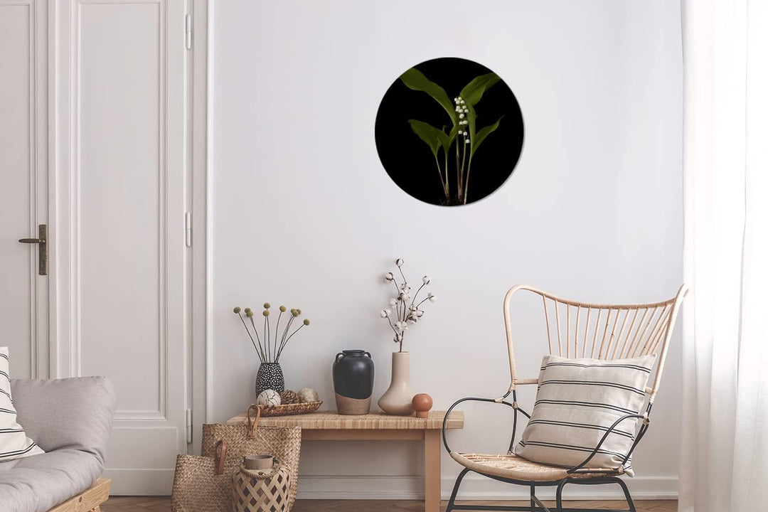 MuchoWow Wandbild Rund Wanddeko Deko Wohnzimmer Bilder 30x30 cm Maiglöckchen mit Blättern auf schwar