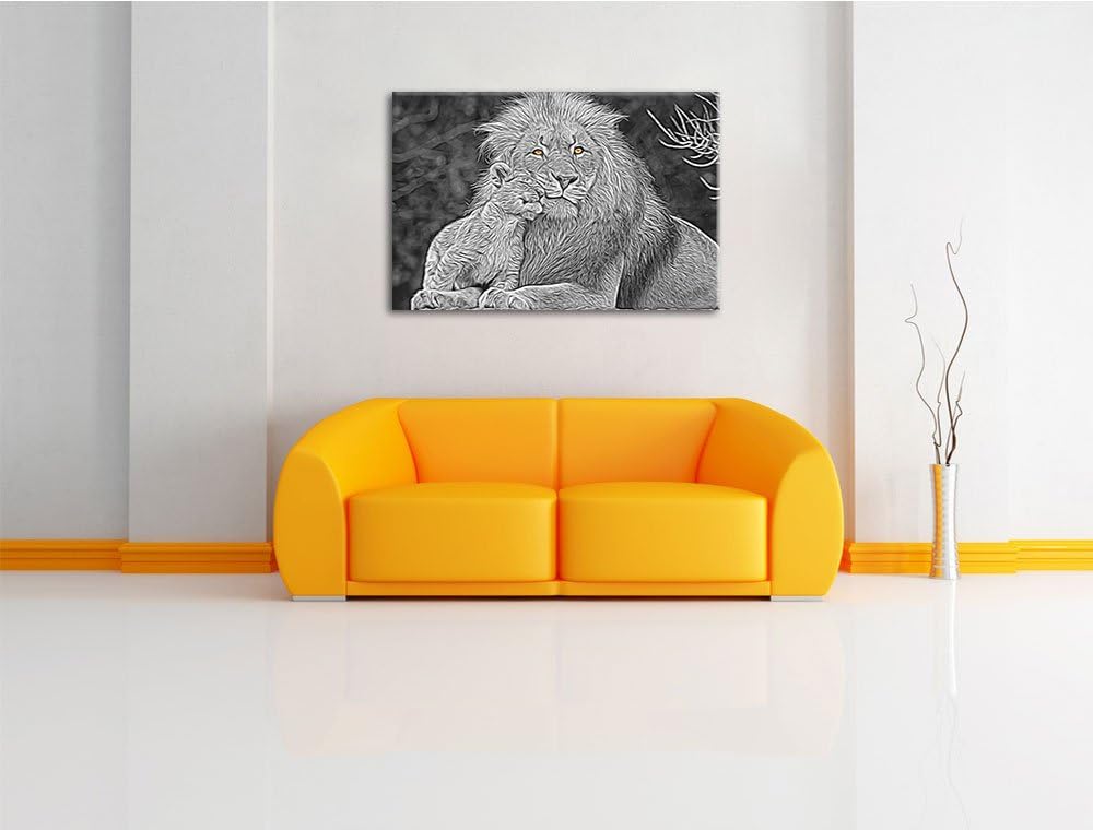 schöner Löwe mit Jungtier schwarz/weiss Deluxe Format: 100x70 cm auf Leinwand, XXL riesige Bilder fe