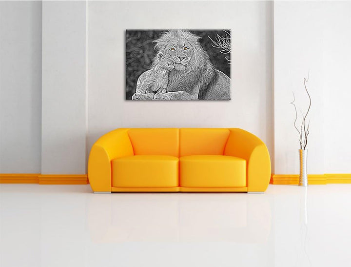 schöner Löwe mit Jungtier schwarz/weiss Deluxe Format: 100x70 cm auf Leinwand, XXL riesige Bilder fe