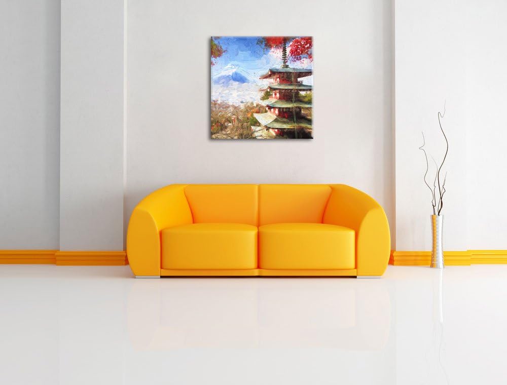 Pixxprint Japanischer Tempel im Herbst Pinsel Effekt, Format: 70x70 auf Leinwand, 70x70