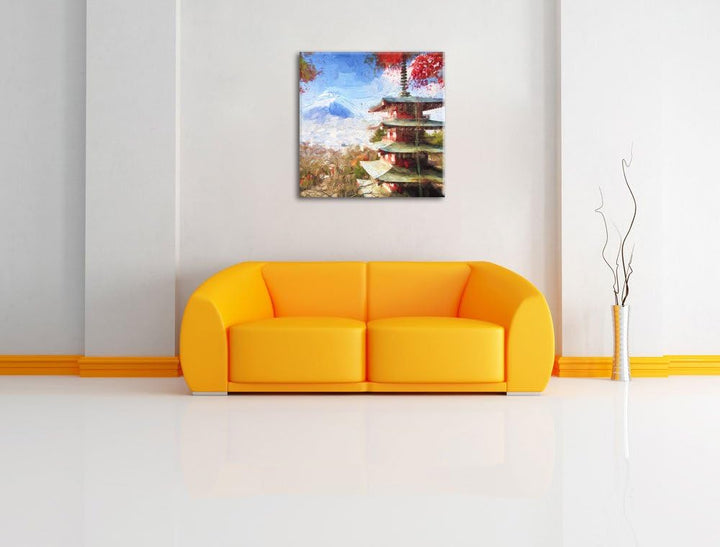 Pixxprint Japanischer Tempel im Herbst Pinsel Effekt, Format: 70x70 auf Leinwand, 70x70