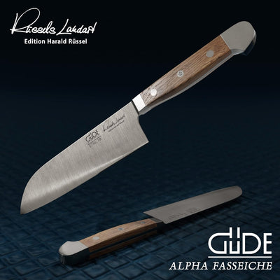 GÜDE Solingen - Santoku Messer geschmiedet, 18 cm, Fasseichenholz, ALPHA FASSEICHE, Doppelkropf, Han