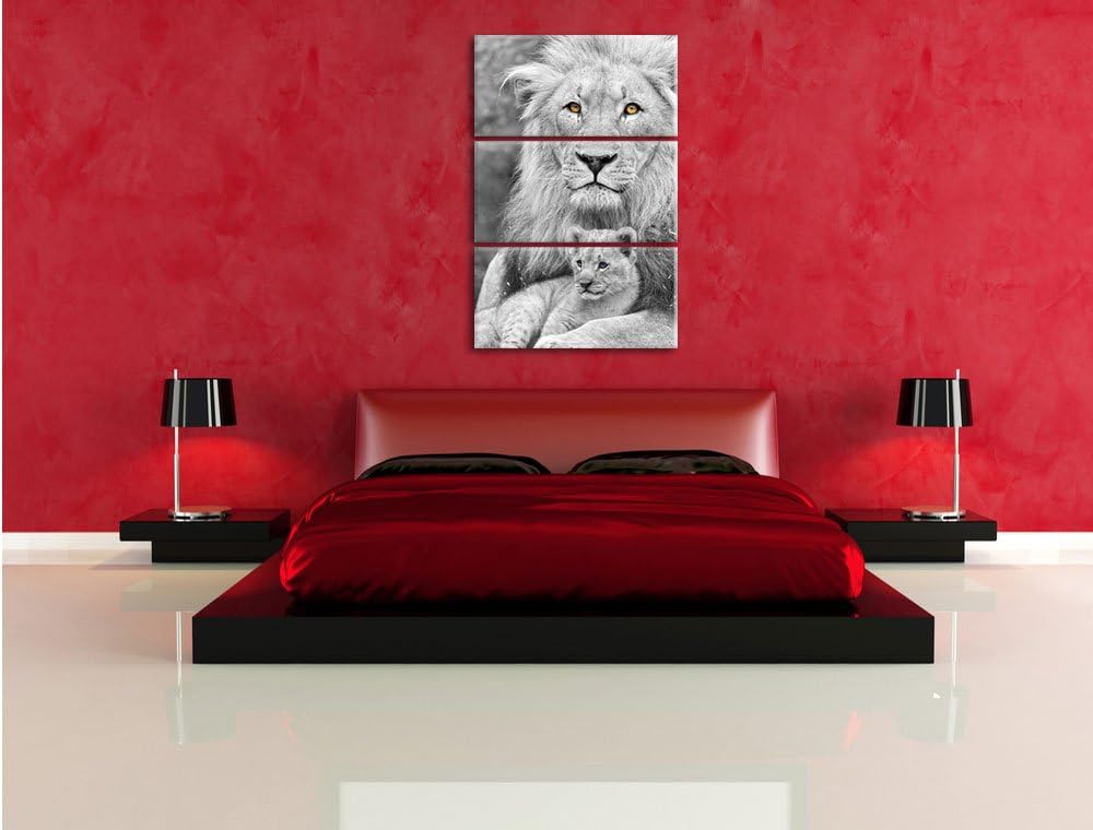Pixxprint liebevoller Löwe kuschelt mit Jungtier schwarz/weiss 3-Teiler Leinwandbild 120x80 Bild auf