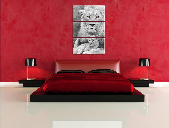 Pixxprint liebevoller Löwe kuschelt mit Jungtier schwarz/weiss 3-Teiler Leinwandbild 120x80 Bild auf