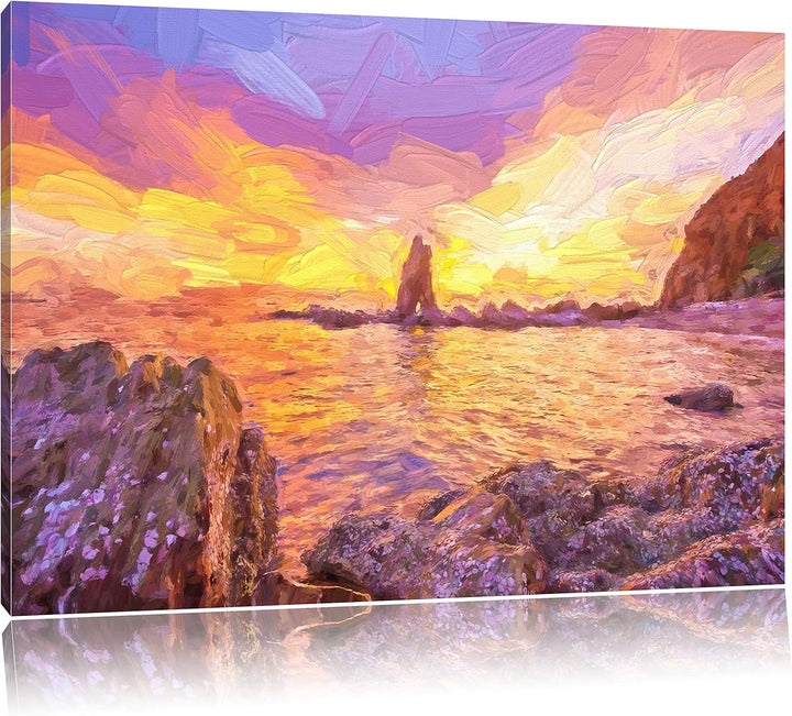 Pixxprint Küstenlinie mit schönen Sonnenuntergang Kunst Pinsel Effekt, Format: 100x70 auf Leinwand,
