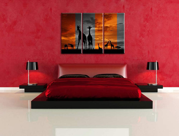 Afrika Giraffen im Sonnenuntergang schwarz/weiss 3-Teiler Leinwandbild 120x80 Bild auf Leinwand, XXL