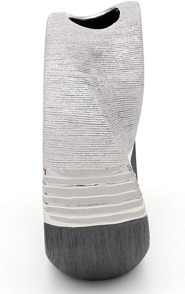 Dekohelden24 Edle Moderne Deko Designer Keramik Vase rund geschwungen mit Loch in Silber-grau, 23 cm