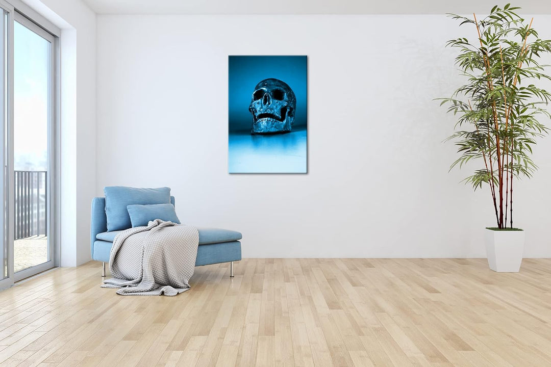 deyoli goldener Schädel Format 80x60 Effekt: Monocrome Blau als Leinwandbild, Motiv fertig gerahmt a
