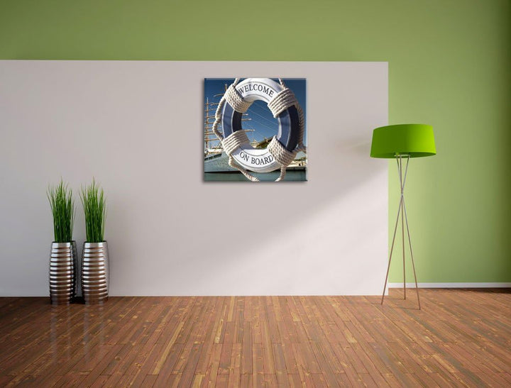 Rettungsring vor Schiff, Format: 70x70 auf Leinwand, XXL riesige Bilder fertig gerahmt mit Keilrahme