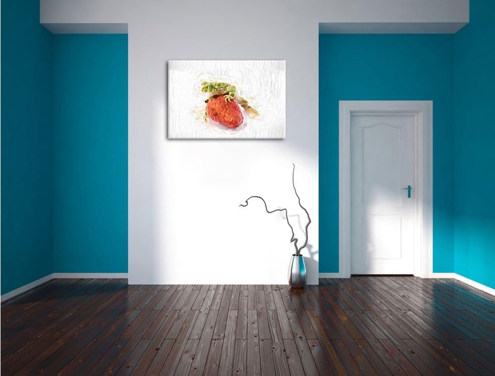Pixxprint Frosch mit Erdbeere als Leinwandbild/Grösse: 100x70 cm/Wandbild/Kunstdruck/fertig bespannt
