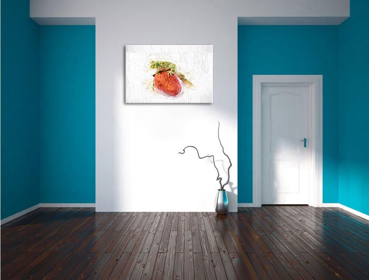 Pixxprint Frosch mit Erdbeere als Leinwandbild/Grösse: 100x70 cm/Wandbild/Kunstdruck/fertig bespannt