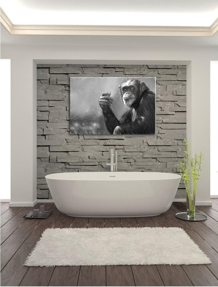 Pixxprint Aufmerksamer Schimpanse Kunst / 100x70cm Leinwandbild bespannt auf Holzrahmen/Wandbild Kun