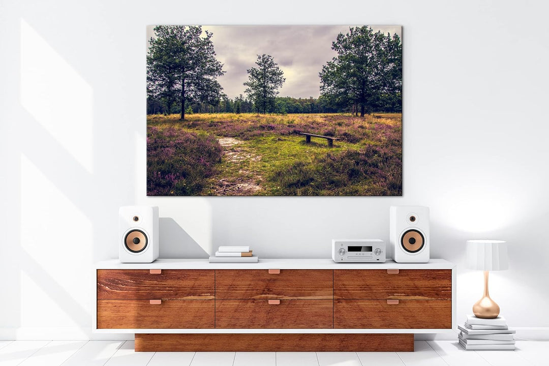 deyoli einsame Bank im Wald Format: 80x60 als Leinwand, Motiv fertig gerahmt auf Echtholzrahmen, Hoc