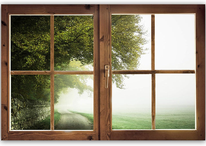 Feeby Leinwand Bilder - Fensterblick Natur- 120x80 cm- Deko Wohnzimmer - Wandbilder Schlafzimmer - D