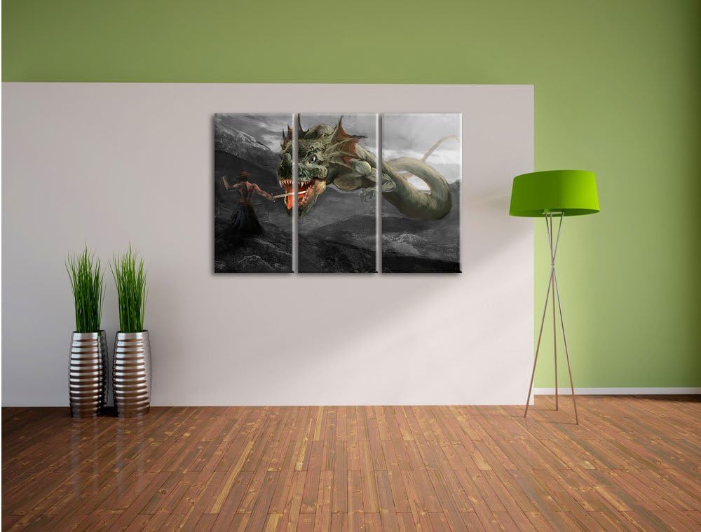 Pixxprint Drache kämpft gegen Krieger als Leinwandbild/Grösse: 3 Teilig (120x80) cm/Wandbild/Kunstdr