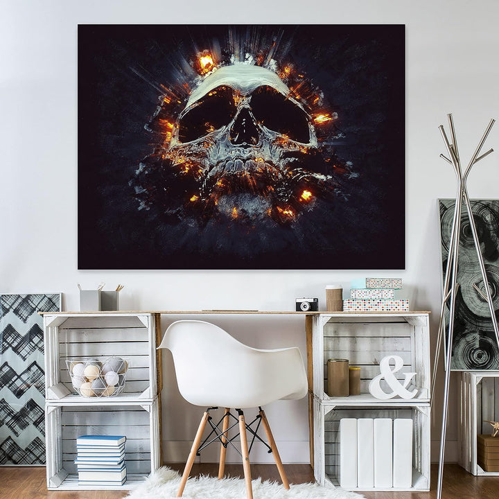 wandmotiv24 Totenkopf Wandbild aus Acrylglas, Grösse 100x75cm, Querformat, Explosion Schädel, Feuer,