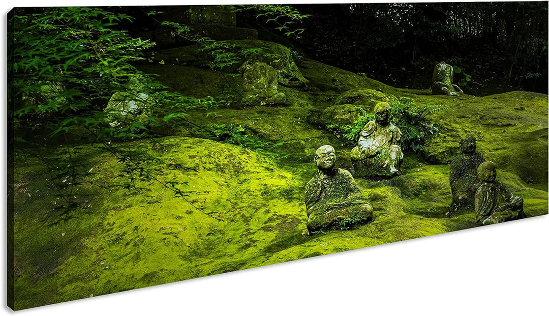 mit Moos bedeckte Buddha-Statuen Panorama 80x40 cm als Leinwandbild, Motiv fertig gerahmt auf Echtho