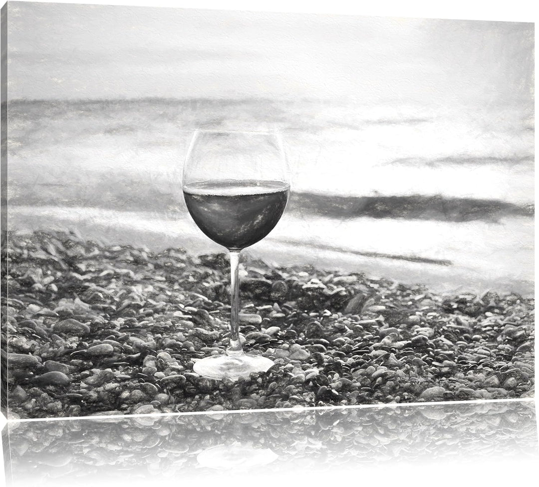 Pixxprint Weinglas am Steinstrand Kohle Zeichnung Effekt, Format: 100x70 auf Leinwand, 100x70