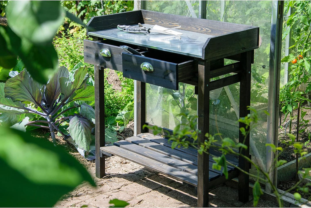 dobar® Design Pflanztisch mit 2 Schubladen | Gärtnertisch mit Ablageboden | Umtopftisch aus massivem