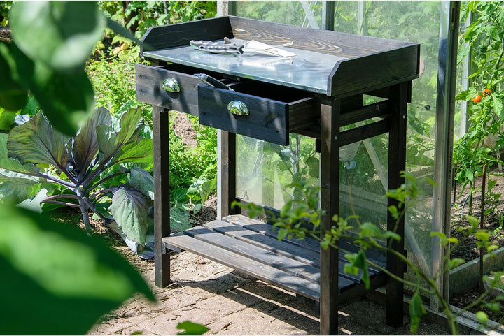 dobar® Design Pflanztisch mit 2 Schubladen | Gärtnertisch mit Ablageboden | Umtopftisch aus massivem