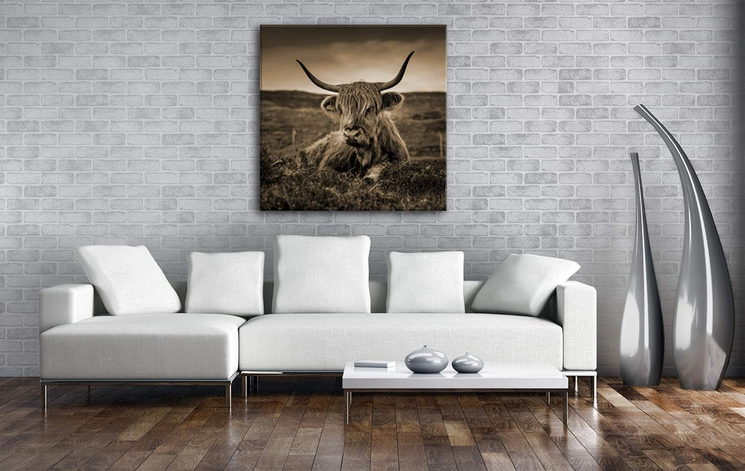 deyoli pelziges Rind auf schottischer Landschaft im Format: 60x60 Effekt: Sepia als Leinwandbild, Mo