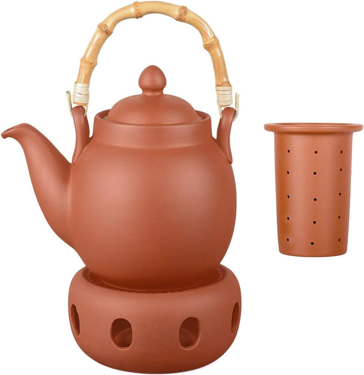 Aricola Ton Teekanne Tenno 1,1 Liter mit Tonsieb, Bambushenkel und Stövchen. Handgefertigt, Original