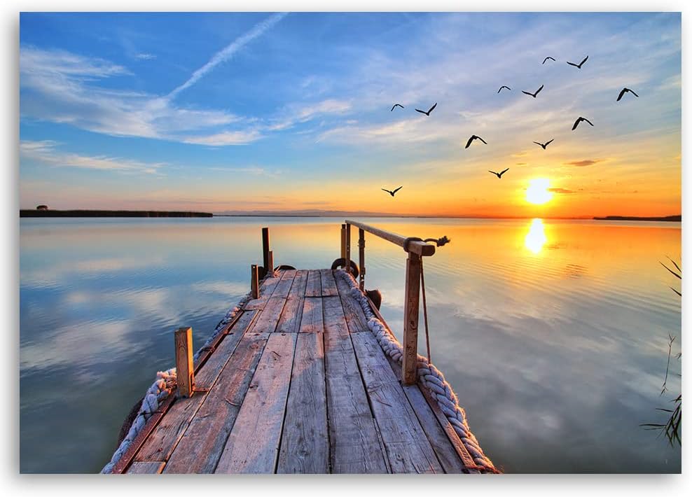 Feeby Vlies Leinwandbild Sonnenuntergang See Strand Holzsteg 90x60 cm Druckbild Wandbild Wanddekorat