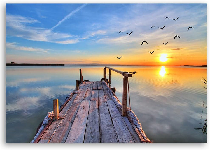 Feeby Vlies Leinwandbild Sonnenuntergang See Strand Holzsteg 90x60 cm Druckbild Wandbild Wanddekorat
