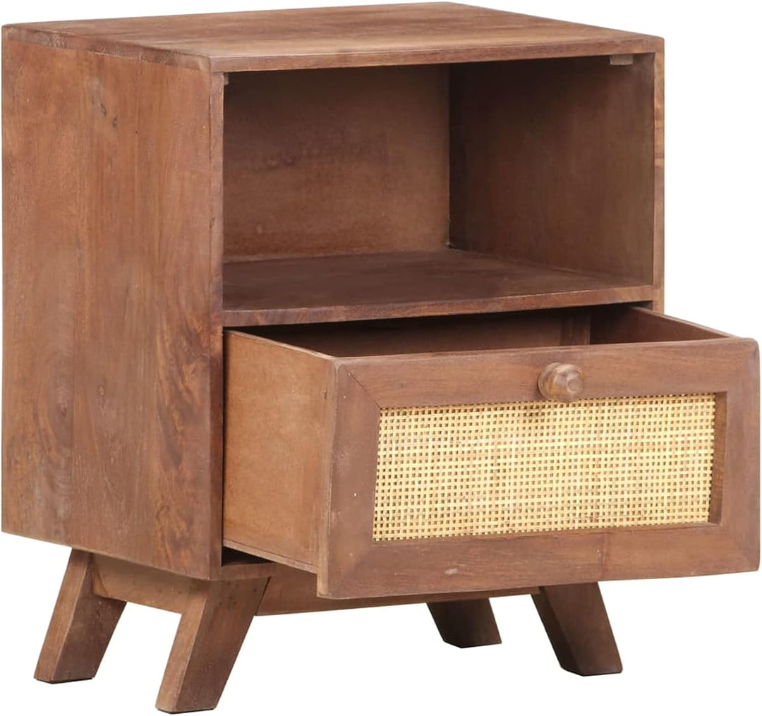 Tidyard Nachttisch Nachtschrank Kommode mit Schublade und Regal Massives Mangoholz & Naturgeflecht 4