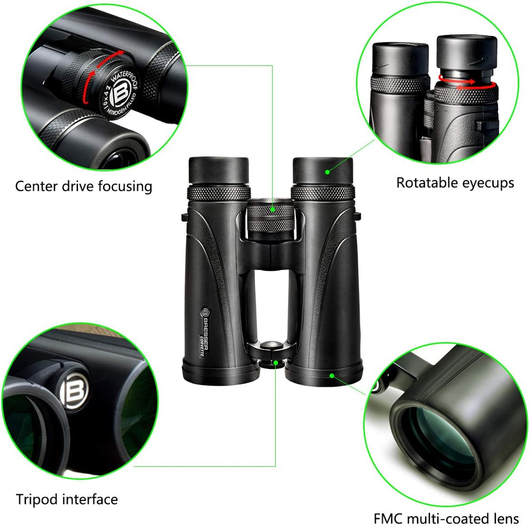 Bresser Fernglas Corvette 8x42 wasserdicht mit Nitrogenfüllung, BaK-4 Glas Prismen, LE-Okularen für