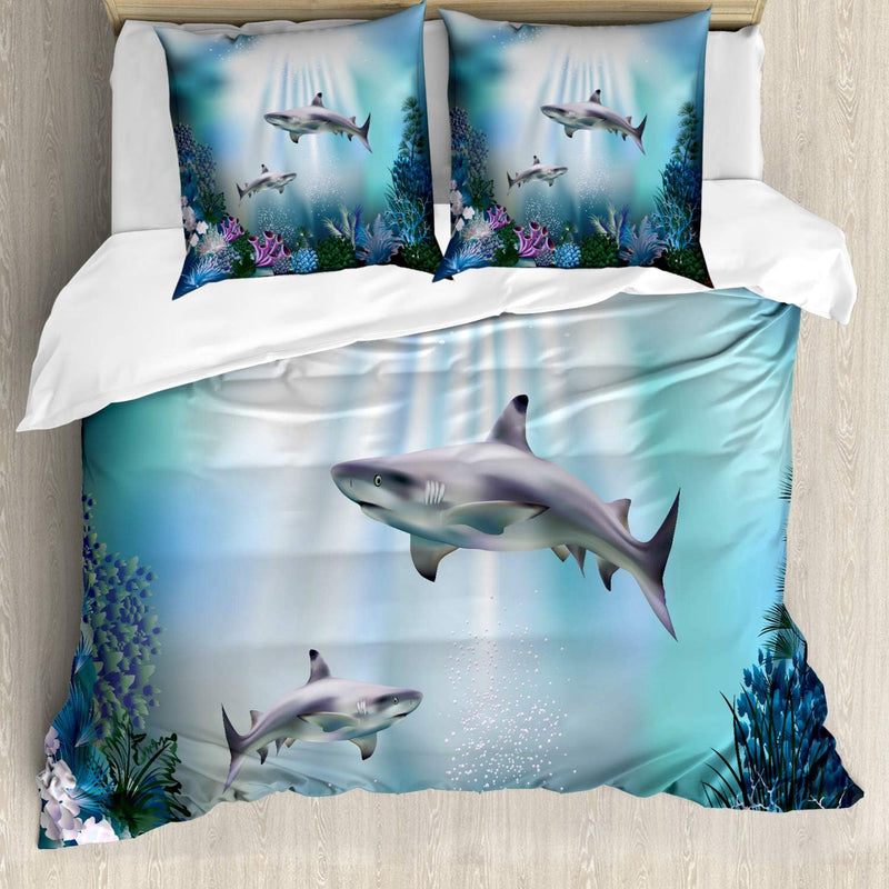 ABAKUHAUS Unterwasser- Bettbezugs Set Für Doppelbetten, Sharks Coral Aquatic, Milbensicher Allergike