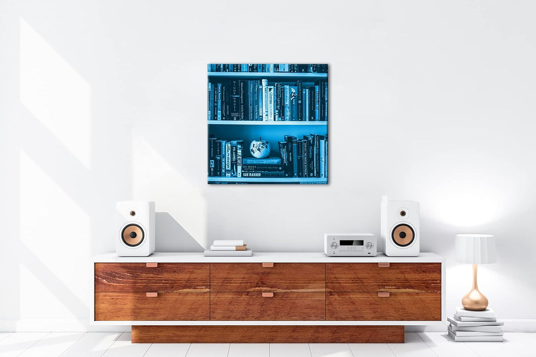 deyoli rand volles Bücherregal Format: 70x70 cm als Leinwandbild Effekt: Monocrome Blau, Motiv ferti
