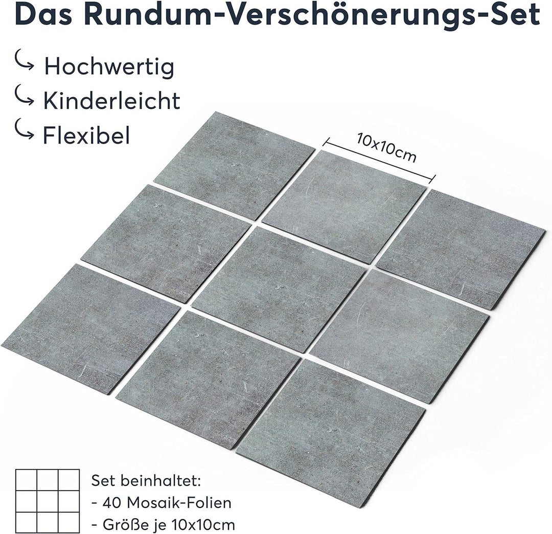 40 Stück Fliesenfolie für Küche und Bad 10x10 cm - Mosaikfliesen, Fliesensticker - Klebefolie Fliese