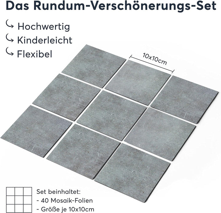 40 Stück Fliesenfolie für Küche und Bad 10x10 cm - Mosaikfliesen, Fliesensticker - Klebefolie Fliese