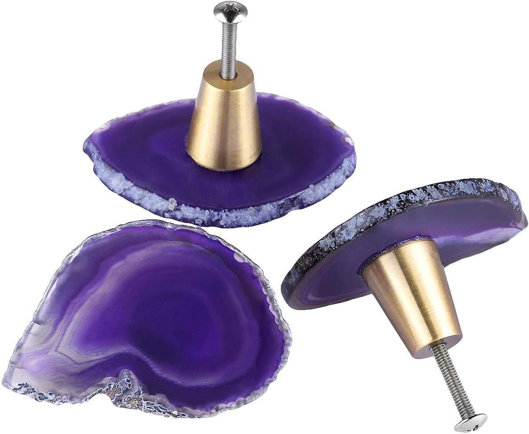 KYEYGWO 4 Stück Violett Unregelmässig Achat Scheiben Möbelknöpfe mit Schraube, Messing Schubladenknö
