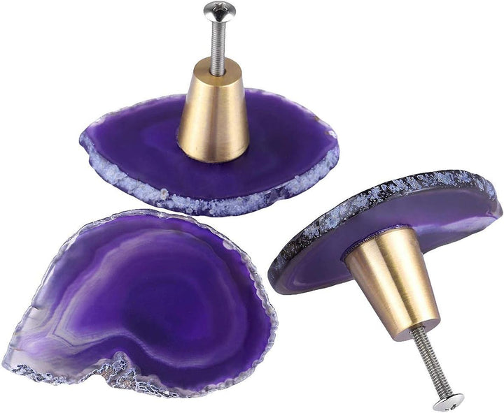 KYEYGWO 4 Stück Violett Unregelmässig Achat Scheiben Möbelknöpfe mit Schraube, Messing Schubladenknö