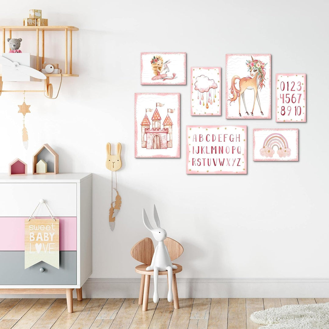 Novart Wandbilder Einhorn  - KOMPLETT AUFHÄNGFERTIG - Rosa  Kinderzimmer Mädchen- 7 Moderne Mood-Bil