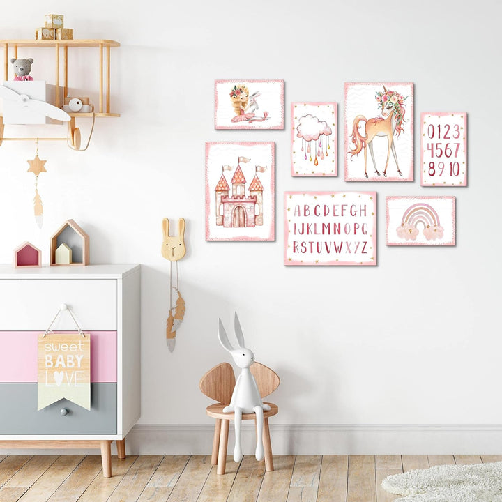 Novart Wandbilder Einhorn  - KOMPLETT AUFHÄNGFERTIG - Rosa  Kinderzimmer Mädchen- 7 Moderne Mood-Bil