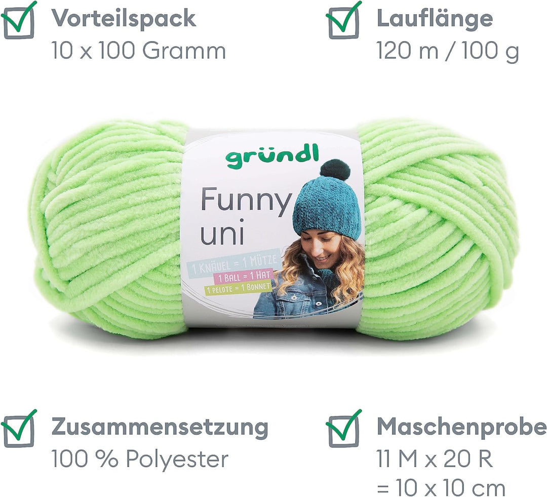 Gründl Funny uni Strick- & Häkelgarn (samtartiges Chenille-Garn aus 100 % Polyester, 10 x 100 g / 12