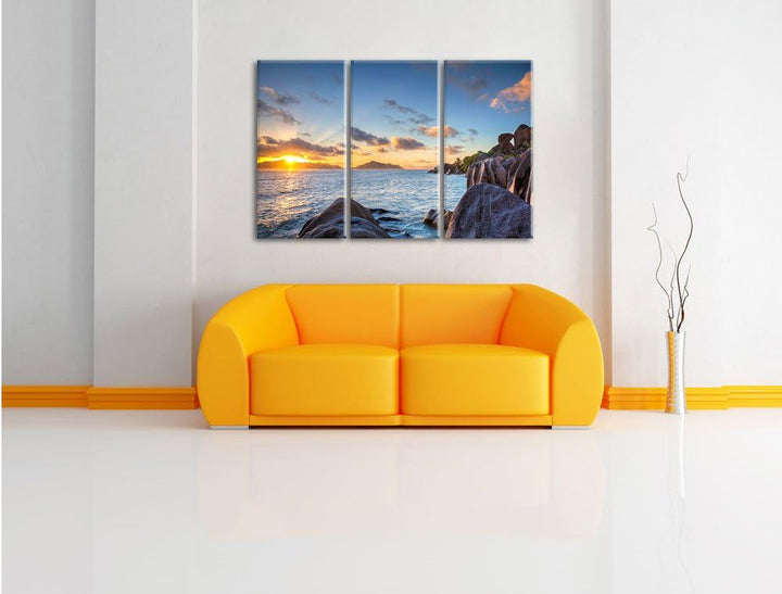 Pixxprint Sonnenuntergang Seychellen als Leinwandbild | Grösse: 3 Teilig (120x80) | Wandbild| Kunstd