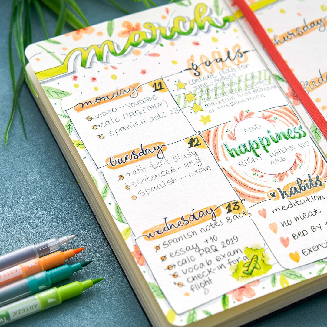 ARTEZA TwiMarkers, 48 bunte Doppelfasermaler, Dual Brush Pen Set mit feiner 0.4 mm Spitze und Pinsel